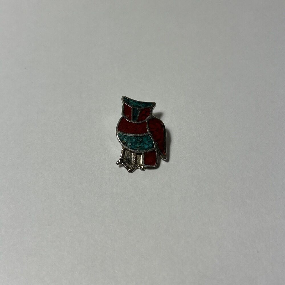 Vintage Southwestern Turquoise and Coral Chip Inlay Owl Pendant
